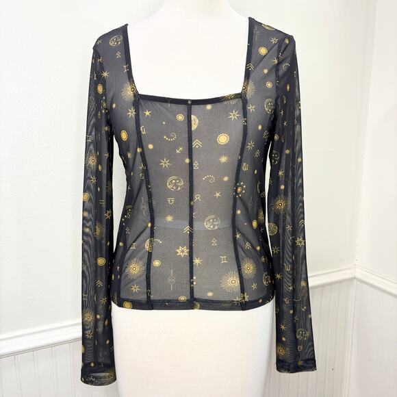Noisy May Size M Top Sheer Celestial Zodiac Corset Mesh Long Sleeve Goth Witchy - Picture 1 of 15